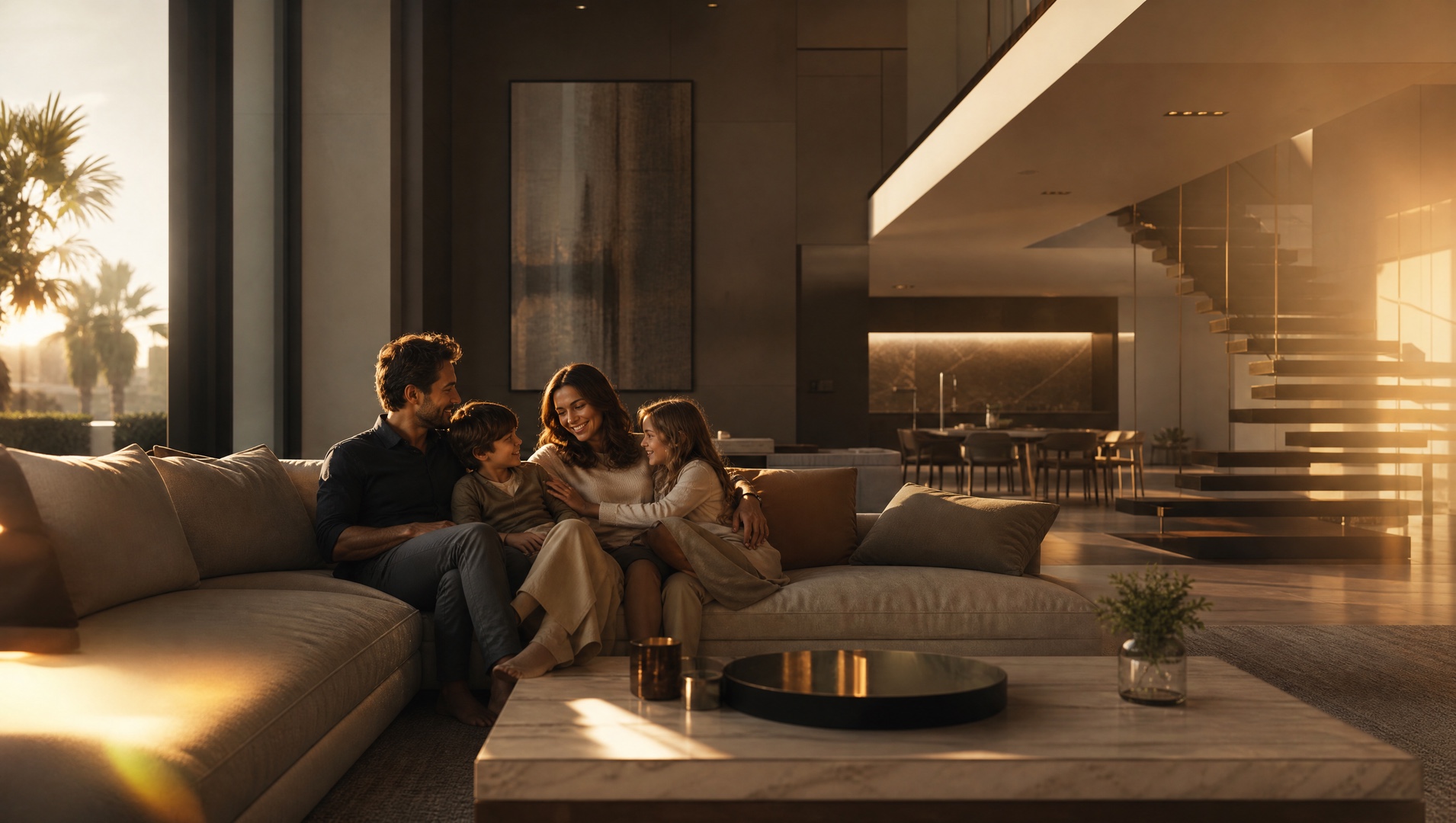 Família reunida na sala de uma casa iluminada pelo sol da tarde